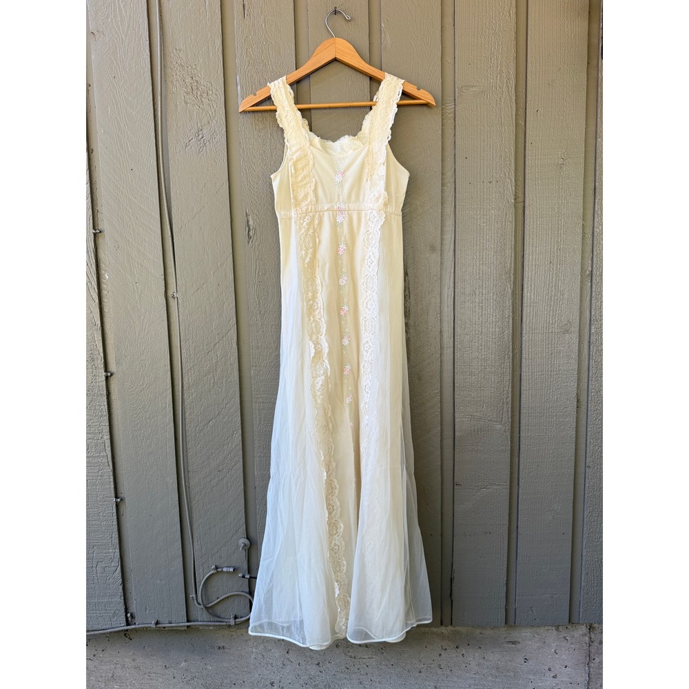 Vintage Nightgown Maxi Dress Womens Lace Sheer Mesh Floral Embroidery Cream